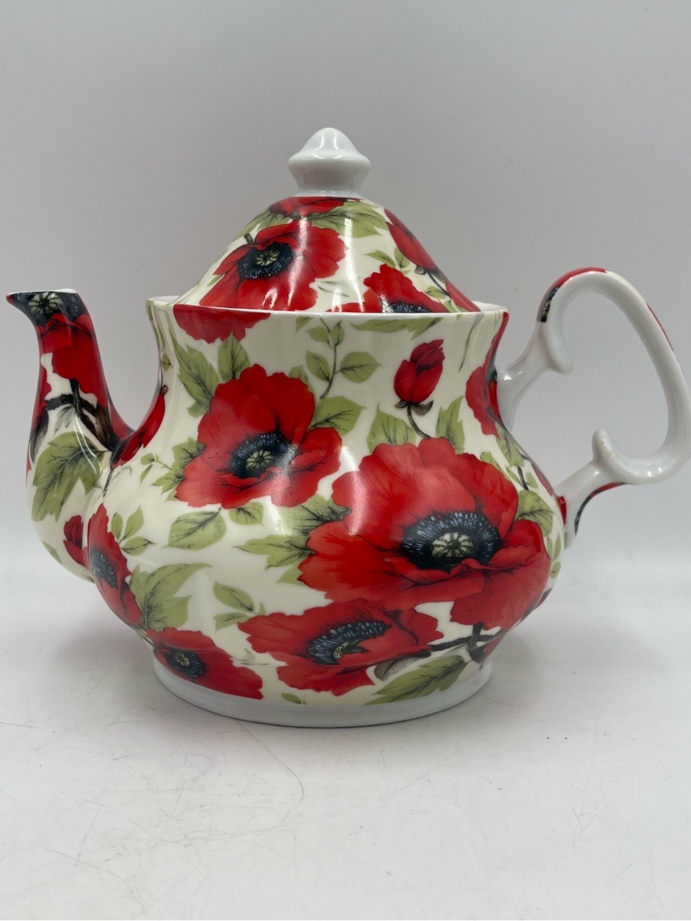 Vintage Kent Pottery Red Poppy Floral Porcelain Teapot w/ Vibrant Chintz Pattern